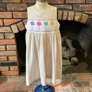 Rainbow seersucker sun dress with pinwheel embroidered smocking size 4T